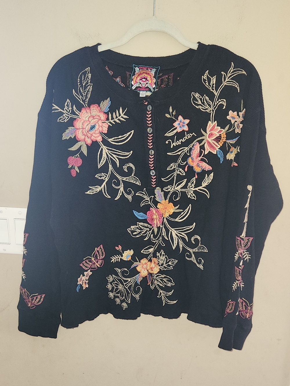JOHNNY WAS Taline Floral Embroidered Thermal Cotton Henley In Black Size Large